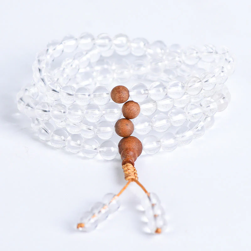 Buddha Stones 108 Mala Beads Natural Stone White Crystal Sandalwood Healing Bracelet