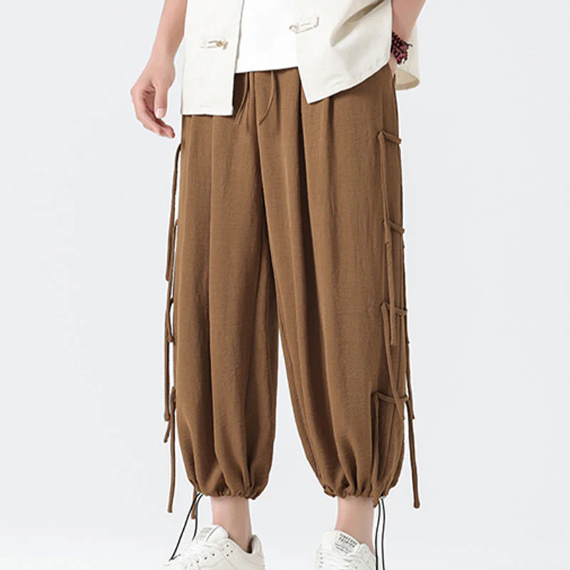 Buddha Stones Casual Loose Lanyard Design Waist Rope Men's 7-8 Length Spandex Pants With Pockets