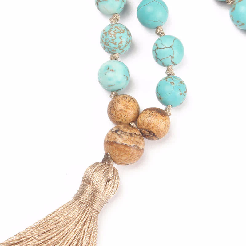 Buddha Stones 108 Mala Beads Turquoise Picture Jasper Wisdom Tassel Bracelet