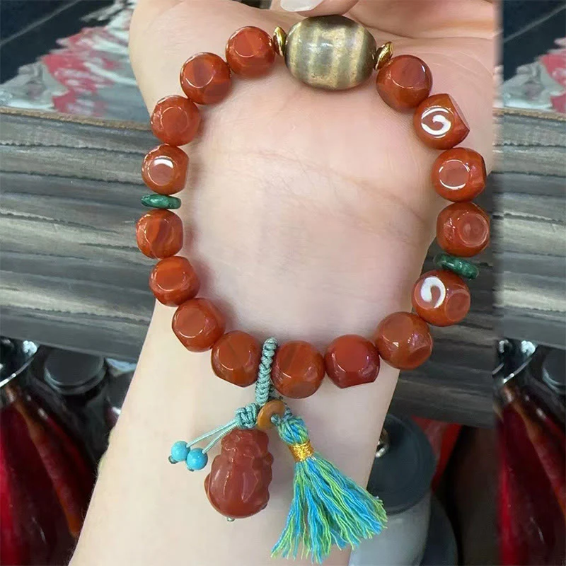 Buddha Stones Natural South Red Agate Pixiu Dzi Bead Fortune Luck Bracelet