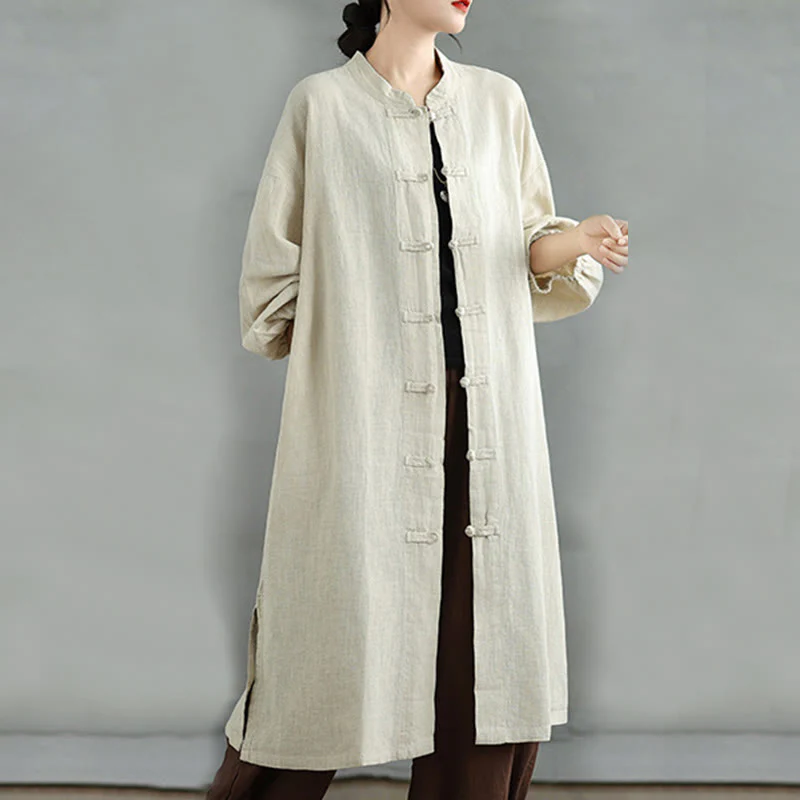 Buddha Stones Casual Frog-button Women's Cotton Linen Coat With Pockets