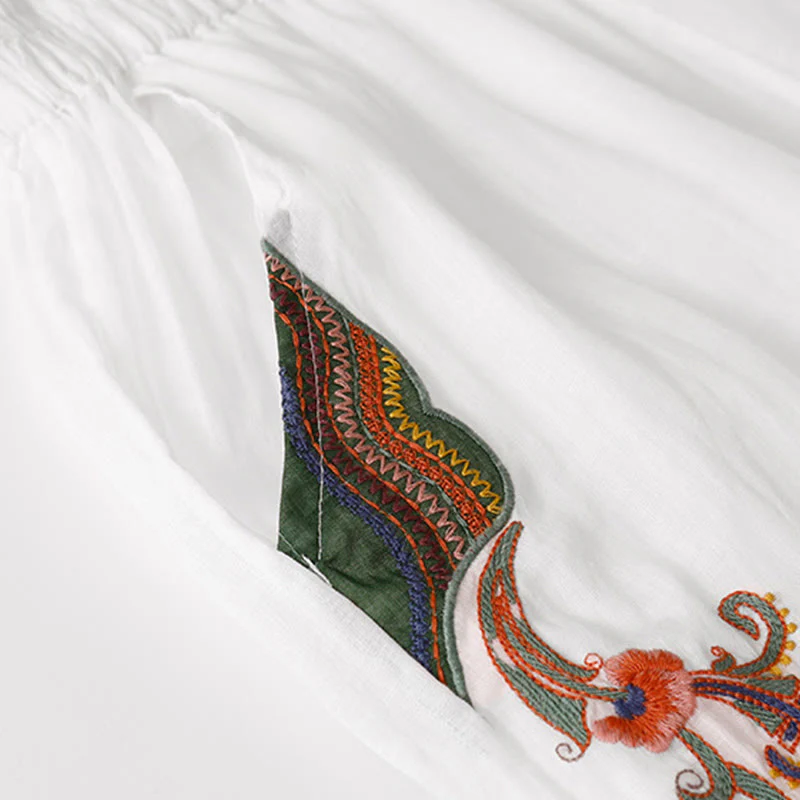 Buddha Stones Summer Embroidery Double Layer Cotton Linen Women's Wide Leg Pants With Pockets