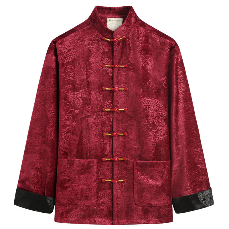 Buddha Stones Chinese New Year Dragon Auspicious Clouds Frog-button Tang Suit Men's Jacket Shirt With Pockets