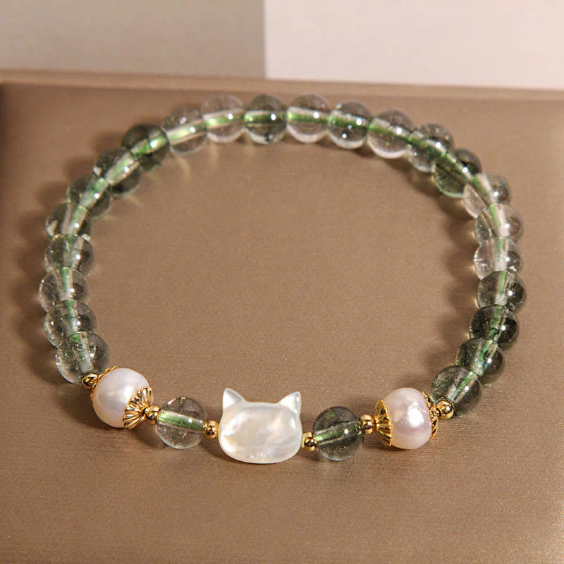 Buddha Stones Natural Green Phantom Pearl Shell Cat Head Lucky Bracelet