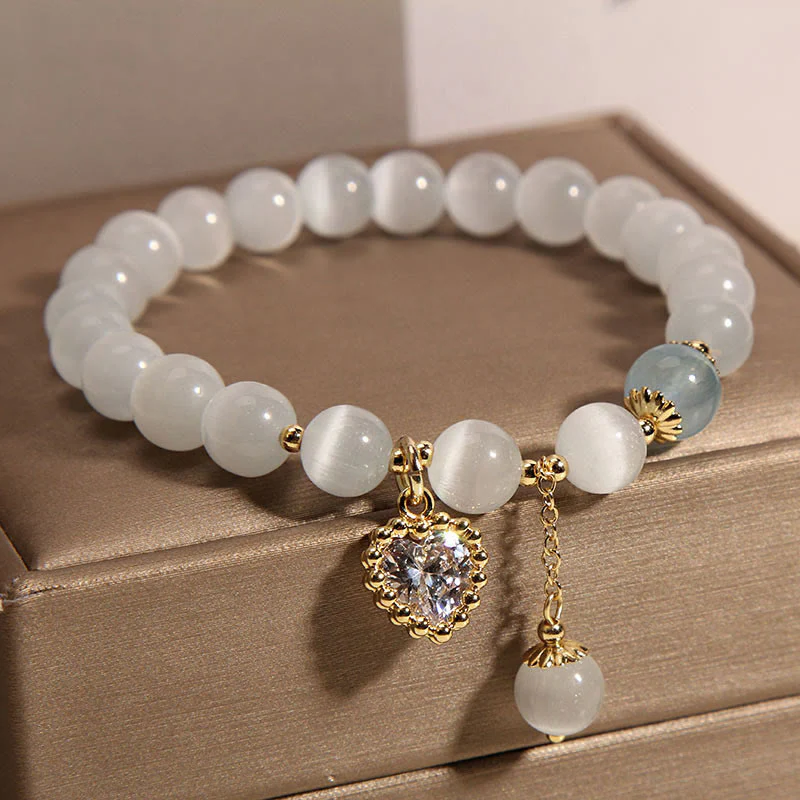Buddha Stones Cat's Eye Crystal Heart Zircon Charm Peace Love Bracelet