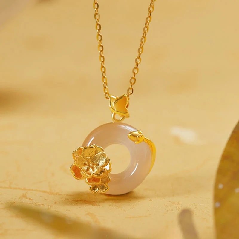 Buddha Stones Natural 925 Sterling Silver White Chalcedony Peace Buckle Peach Blossom Butterfly Positive Necklace Pendant