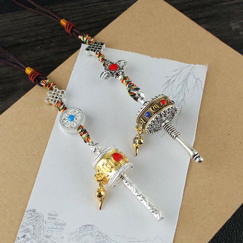 Buddha Stones Tibet Om Mani Padme Hum Prayer Wheel Peace Rotatable Bag Car Hanging Decoration