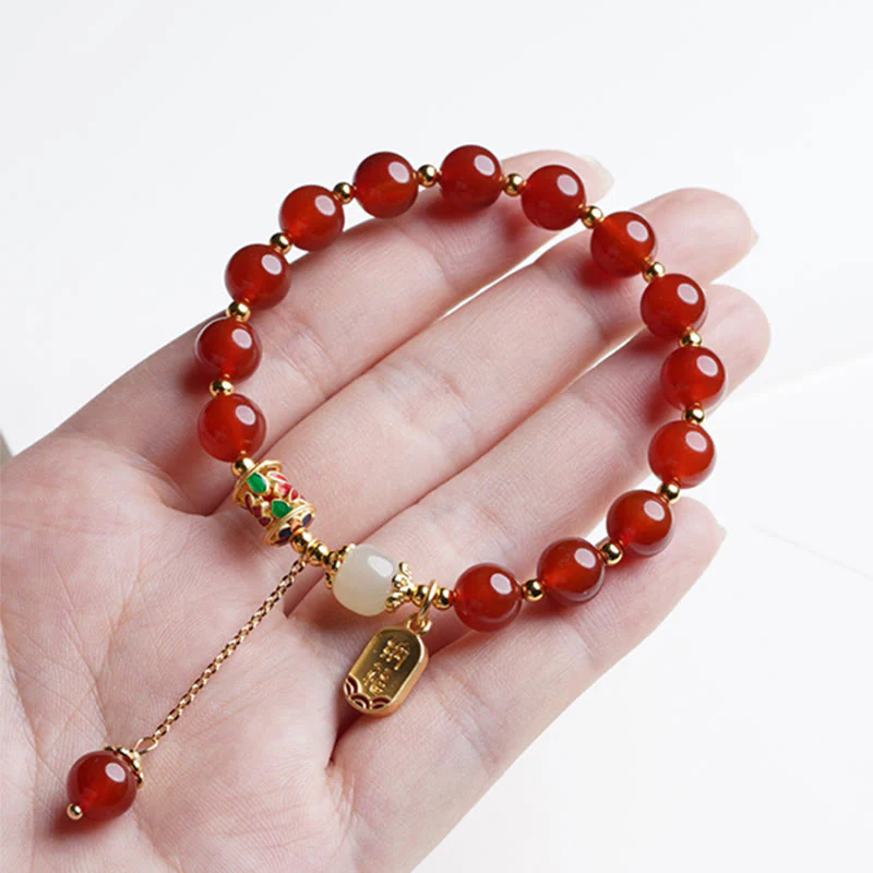 Buddha Stones Natural Red Agate Hetian Jade Fu Character Confidence Charm Bracelet (Extra 30% Off | USE CODE: FS30)