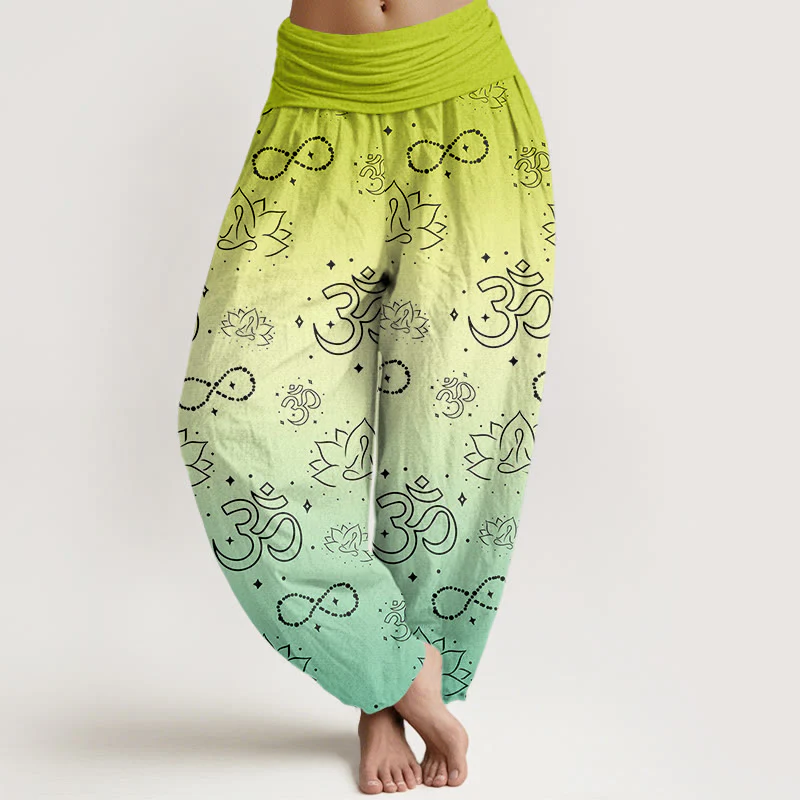 Buddha Stones OM Symbol Lotus Meditating Figure Infinity Pattern Women's Elastic Waist Harem Pants