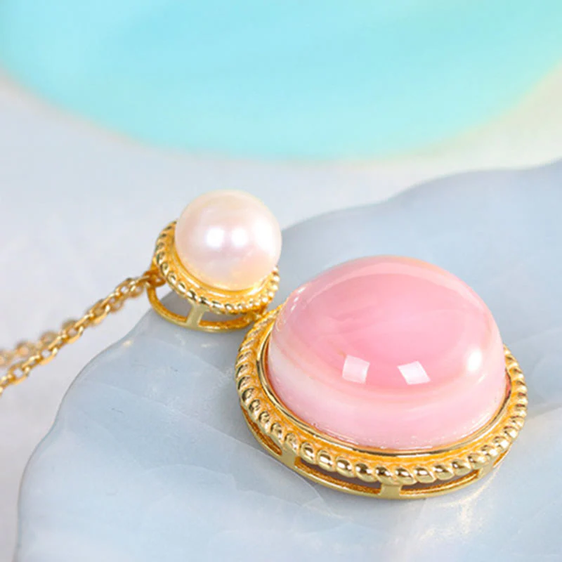 Buddha Stones 925 Sterling Silver Queen Conch Shell Pearl Luck Blessing Earrings Necklace Pendant Jewelry Set