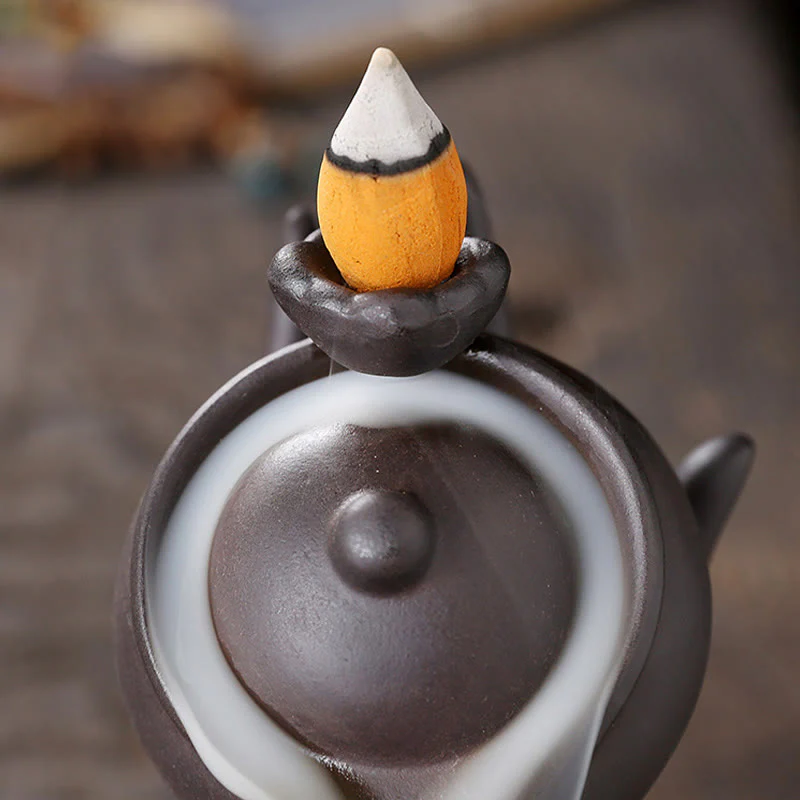 Buddha Stones Buddha Hand Holding Teapot Cup Ceramic Backflow Smoke Fountain Healing Incense Burner Decoration