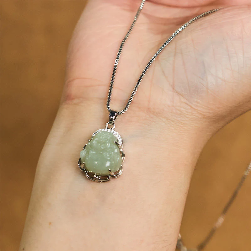 Buddha Stones Natural Hetian Jade Laughing Buddha Abundance Necklace Pendant