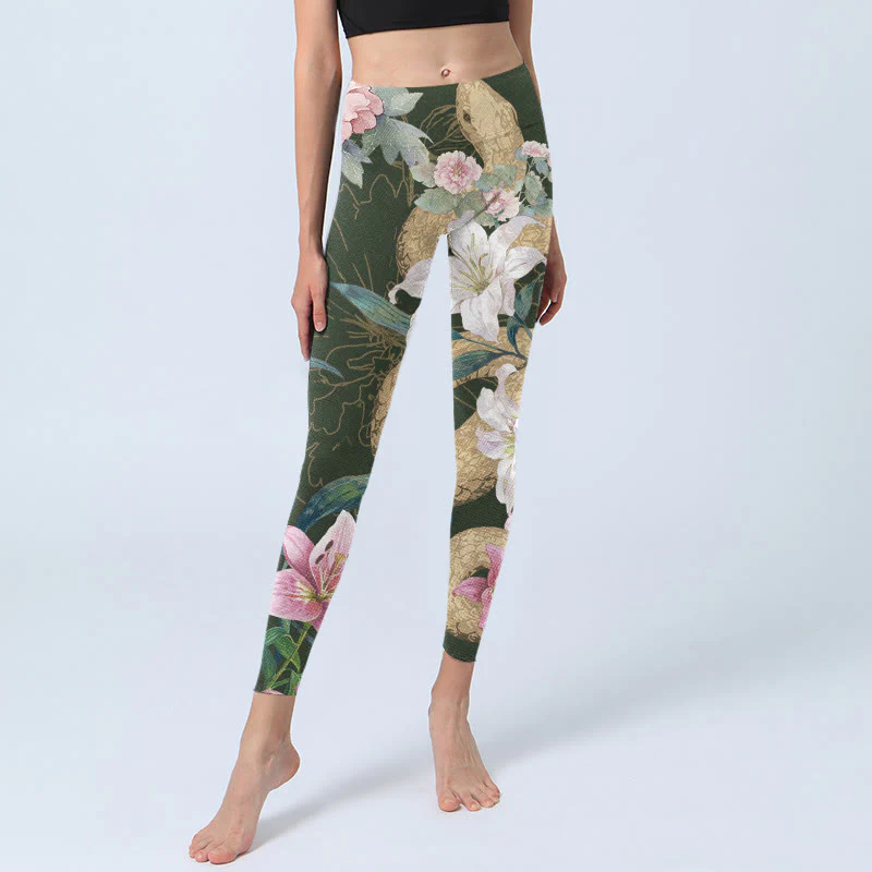 Buddha Stones Green Golden Snake Lily Peony Flowers Print Gym Leggings Women's Yoga Pants