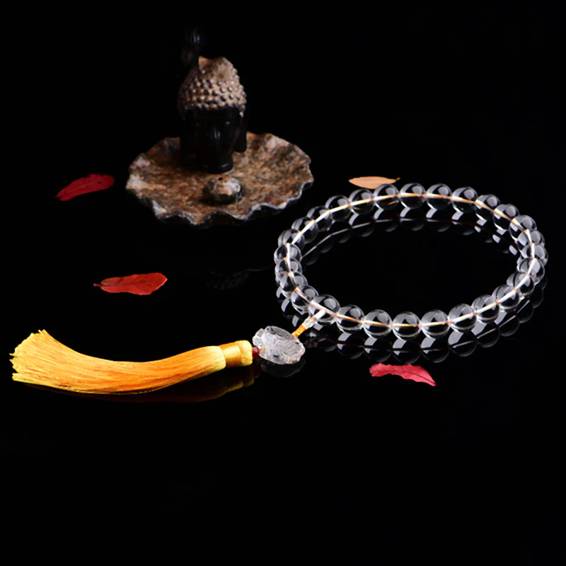 Buddha Stones Natural White Crystal Lotus Wrist Mala Meditation Tassels Pocket Mala Car Decoration