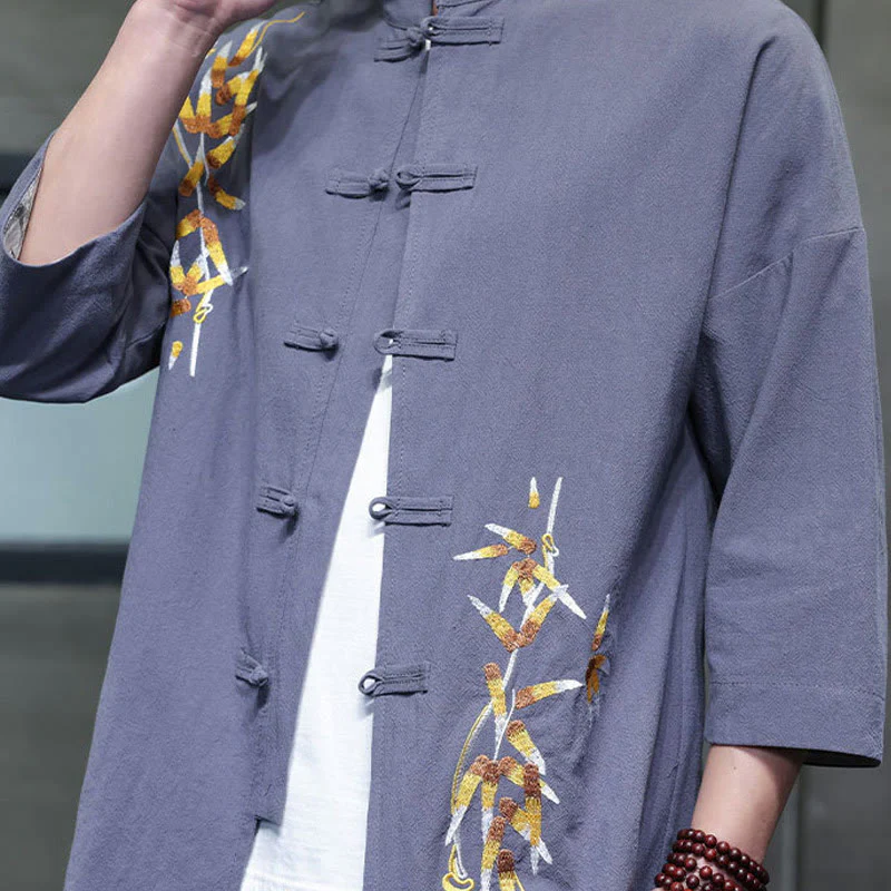 Buddha Stones Embroidery Men's  Chinese Frog-Button Three Quarter Sleeve Shirt Clothing