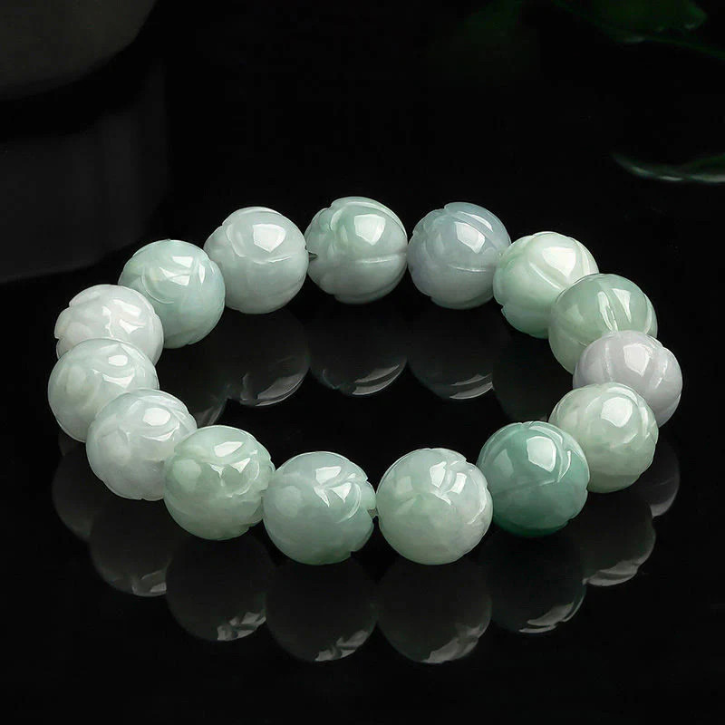 Buddha Stones Natural Jade Lotus Carving Prosperity Bracelet