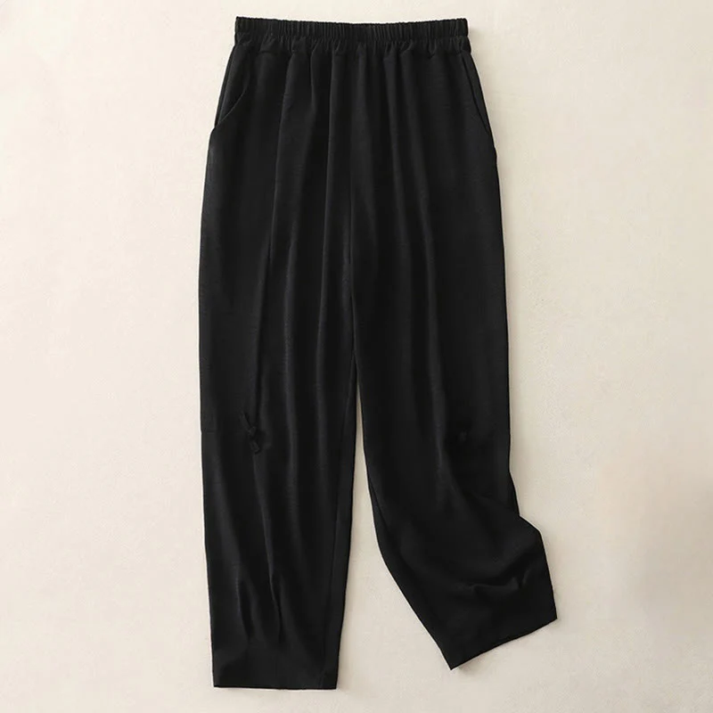 Buddha Stones Commute Casual Plain Frog-Button Design Women's Harem Cotton Linen 7-8 Length Pants With Pockets