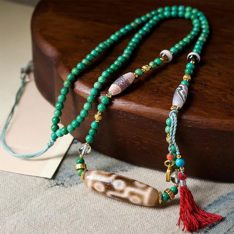 Buddha Stones Tibet Dzi Bead Turquoise Bead Chain Protection Necklace Pendant