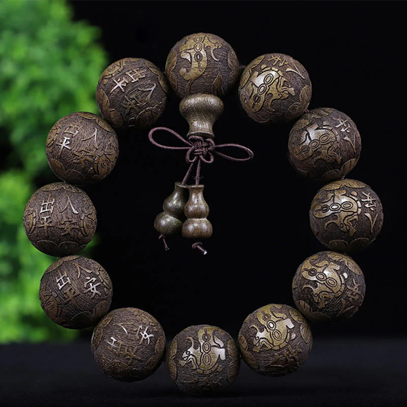 Buddha Stones Chinese Zodiac Rosewood Ebony Copper Coin PiXiu Carved Warmth Bracelet