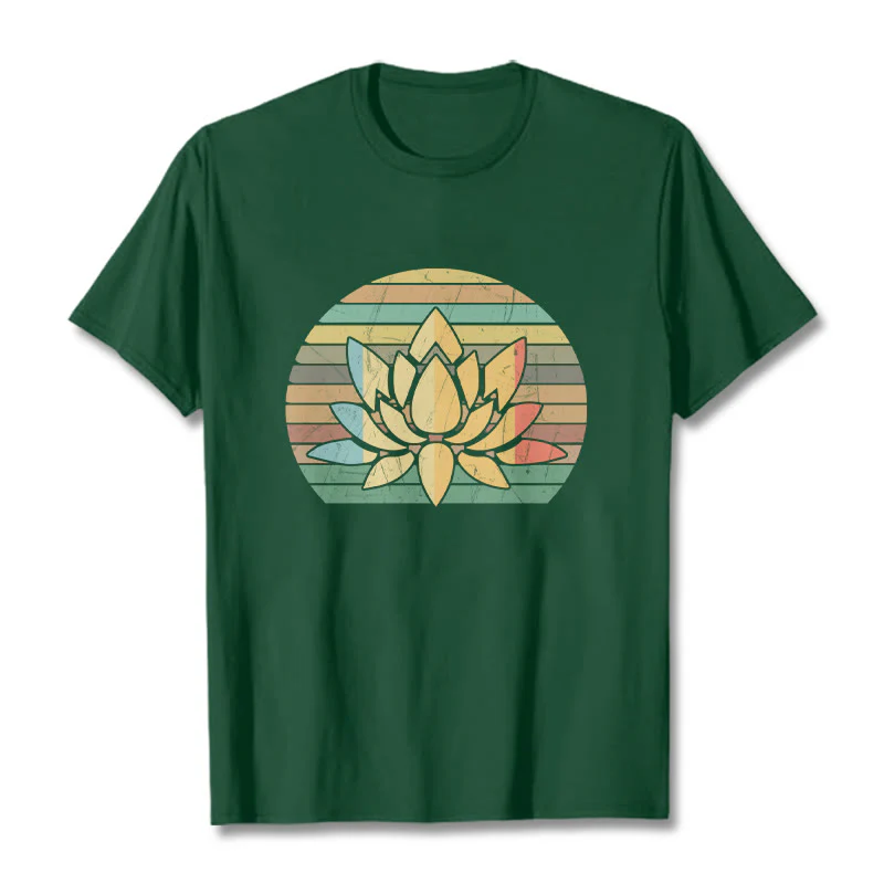 Buddha Stones Casual Retro Striped Background Lotus Flower Pattern Cotton Tee T-shirt