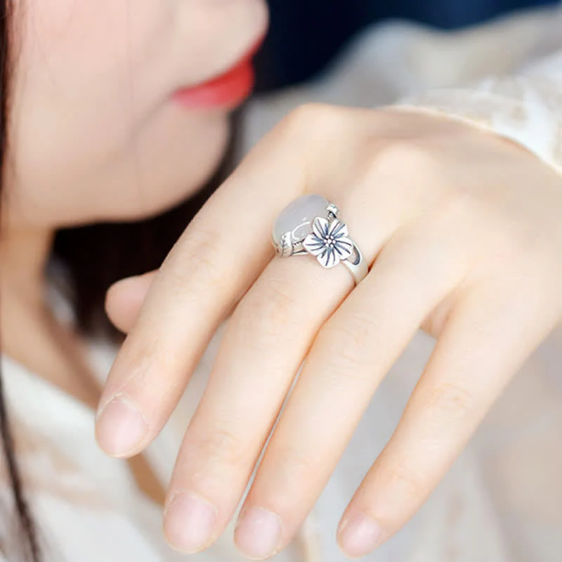 Buddha Stones 990 Sterling Silver Natural Chalcedony Plum Positive Harmony Ring