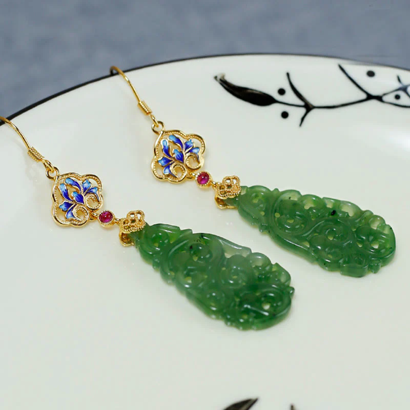 Buddha Stones Hollow Hetian Jade Enamel 925 Sterling Silver Prosperity Earrings