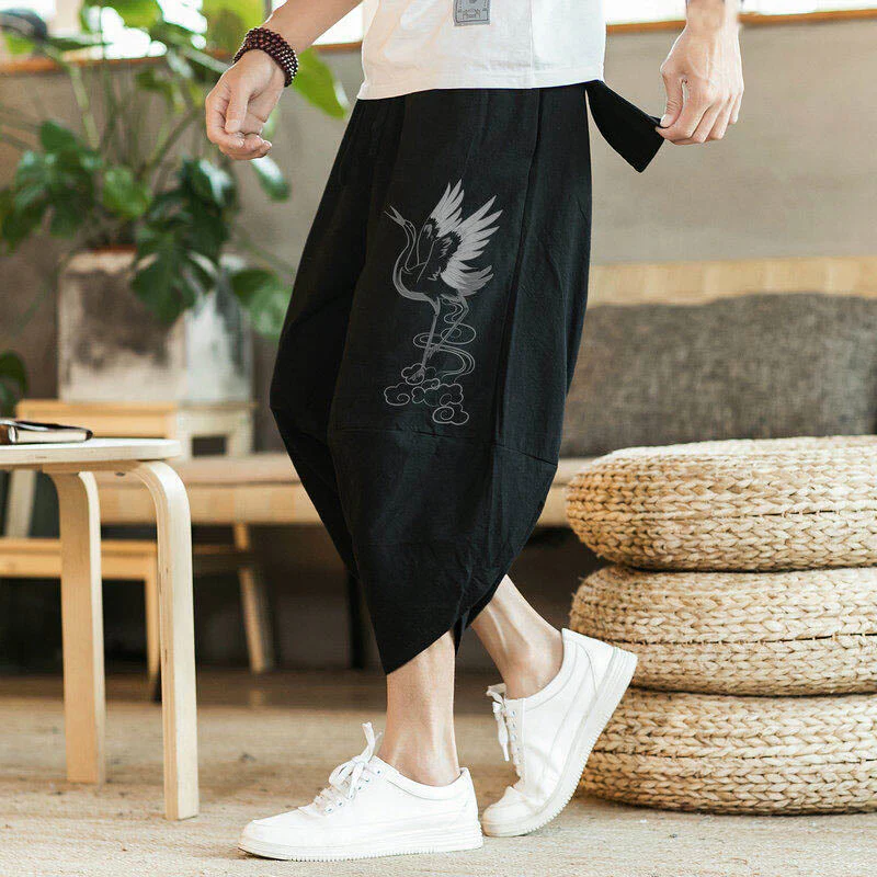 Buddha Stones White Crane Clouds Embroidery Cotton Linen Men's 7-8 Length Harem Pants With Pockets