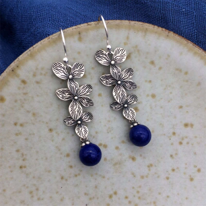 Buddha Stones 925 Sterling Silver Turquoise Lazurite Flower Leaf Serenity Protection Hook Drop Dangle Earrings