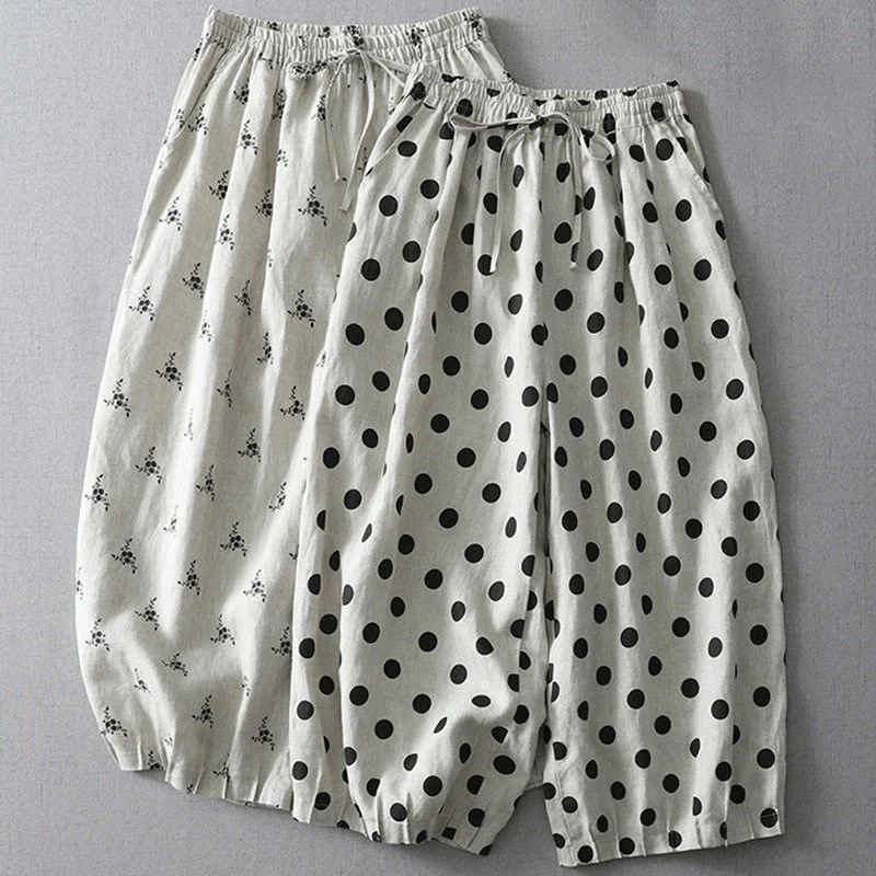 Buddha Stones Polka Dot Floral Pattern Pattern Women's Cotton Linen Harem Pants With Pockets