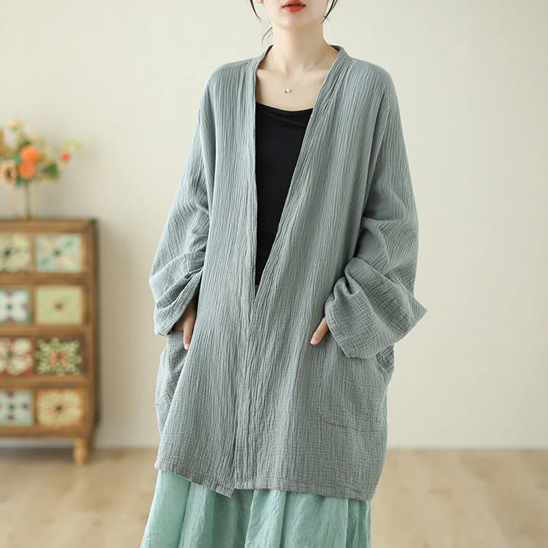 Buddha Stones Plain Long Sleeve Zen Meditation Cotton Linen Jacket With Pockets