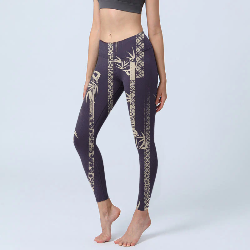 Buddha Stones Bamboo Water Wave Pattern Print Gym Leggings Women's Yoga Pants