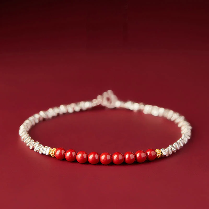 Buddha Stones 925 Sterling Silver Cinnabar Fu Character Blessing Bracelet