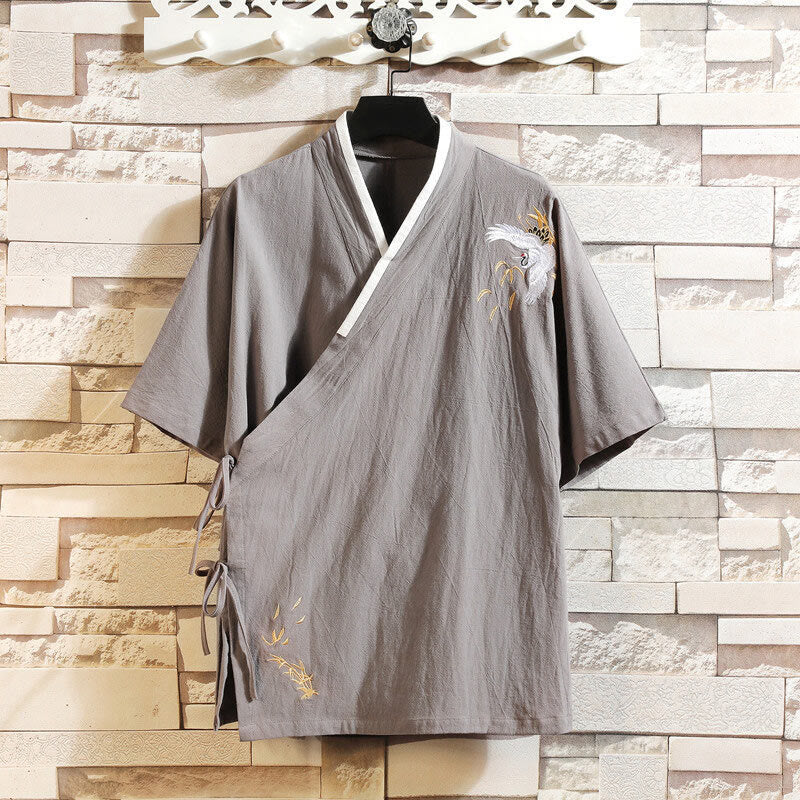 Buddha Stones Tang Suit Embroidery Crane Pattern Lace-Up Side Men's Cotton Linen T-Shirt