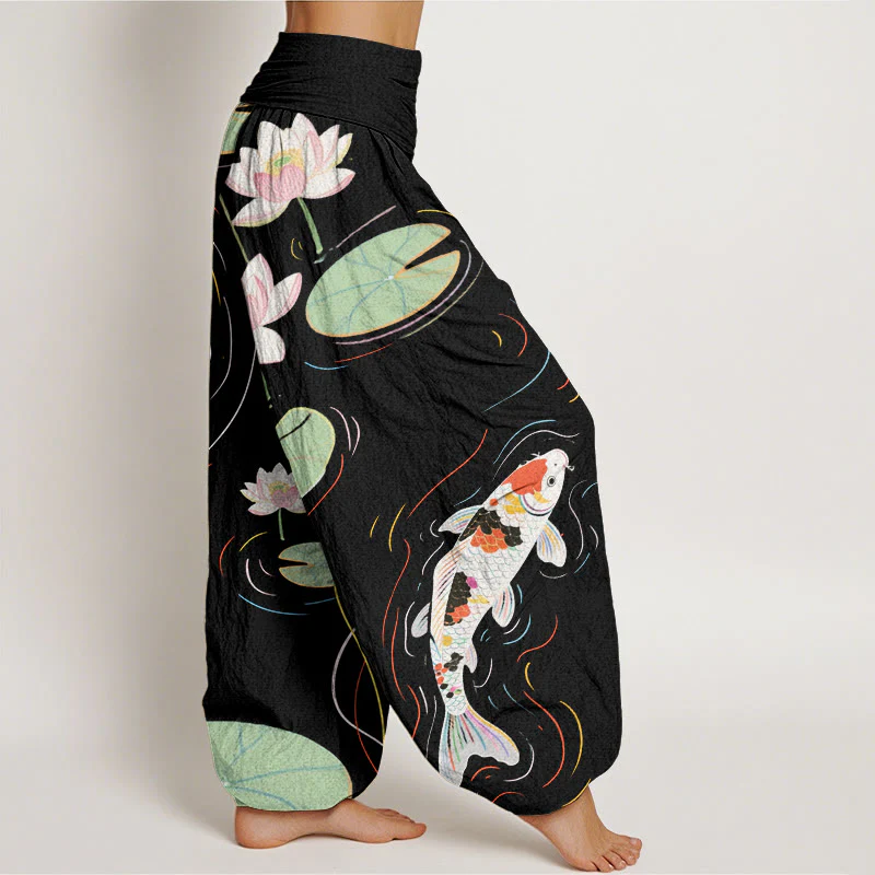 Buddha Stones Lotus Flower Lotus Leaves Koi Fish Water Ripples Pattern Women's Elastic Waist Harem Pants