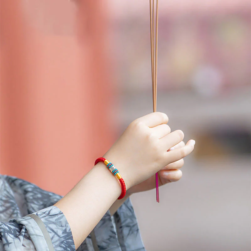 Buddha Stones Red String Black String Six True Words 925 Sterling Silver Connection Bracelet