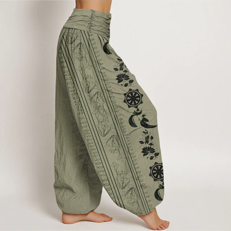 Buddha Stones Dharma Wheel Lotus OM Pattern Women's Elastic Waist Harem Pants