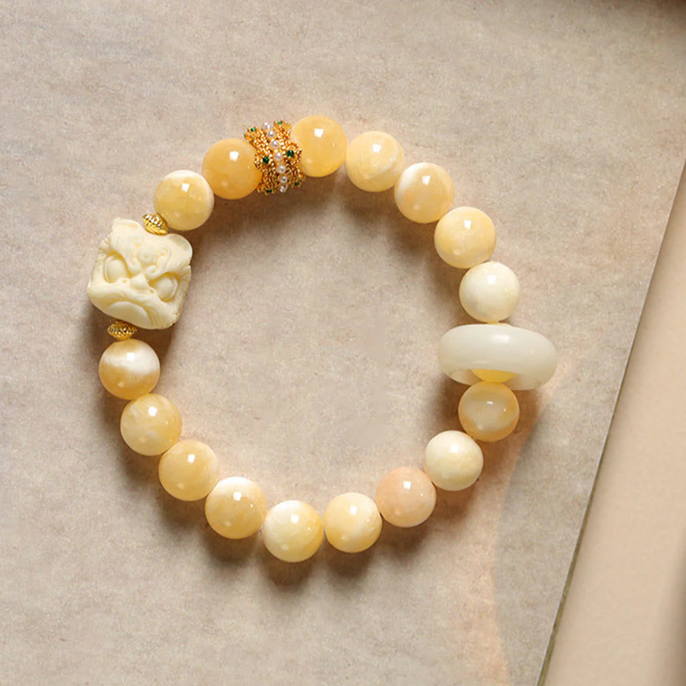 Buddha Stones Amber Gray Agate Ivory Fruit Confidence Bracelet