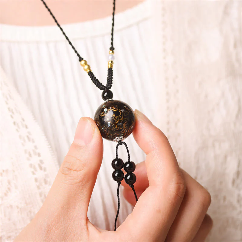 Buddha Stones Ebony Wood Aurora Lacquer Craft Bead Pearl Balance Necklace Pendant