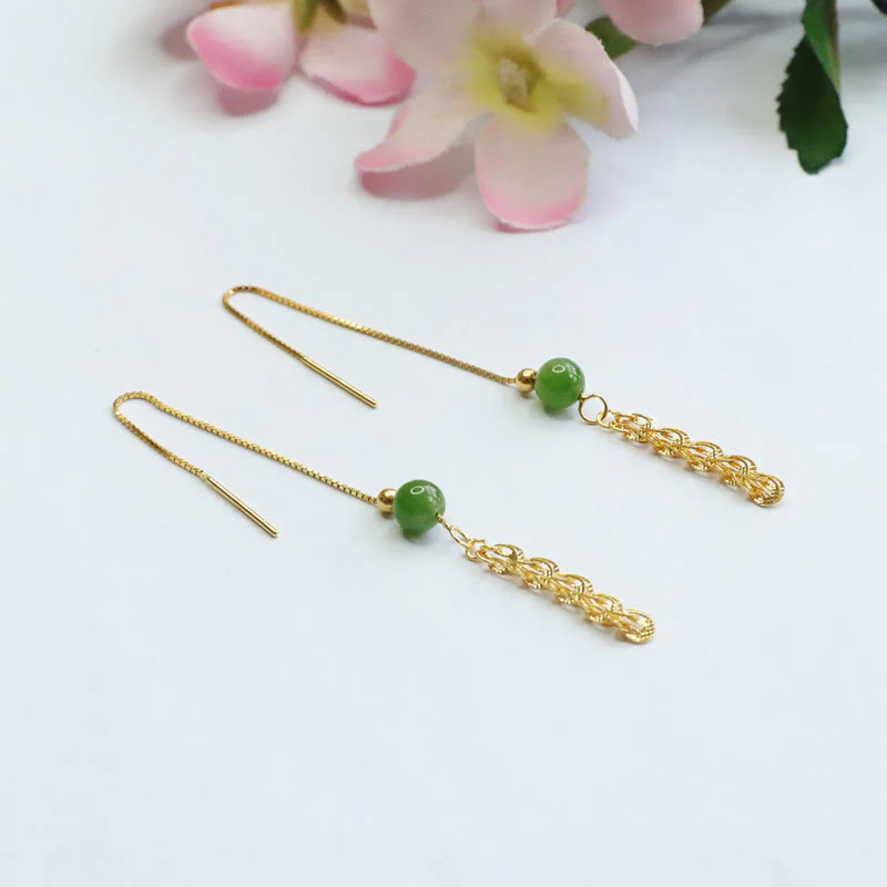 Buddha Stones 925 Sterling Silver Natural Hetian Cyan Jade Bead Luck Phoenix Tail Drop Earrings