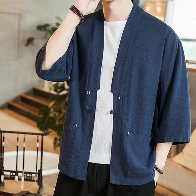 Buddha Stones Solid Color Chinese Frog-Button Open Front Jacket Cotton Linen Men's Kimono