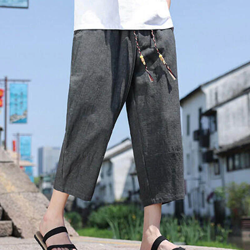 Buddha Stones Casual Woven Bead Waist Rope Men's 7-8 Length Spandex Pants With Pockets