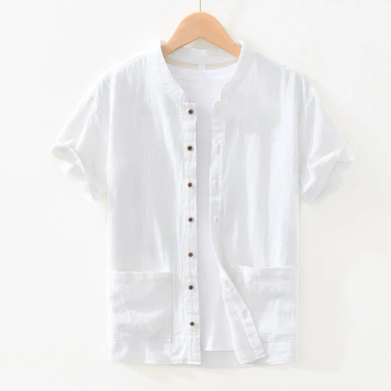 Buddha Stones Casual Buttons Design Stand Collar Men's Short Sleeve Cotton Linen Shirt With Pockets