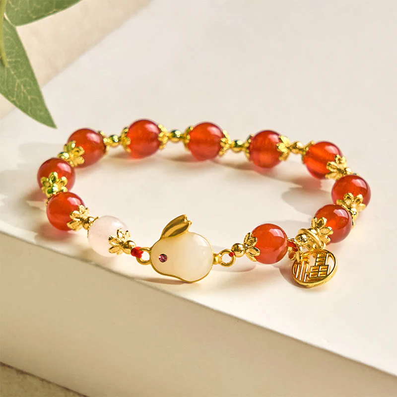 Buddha Stones Red Agate Chalcedony Rabbit Fu Character Confidence Bracelet