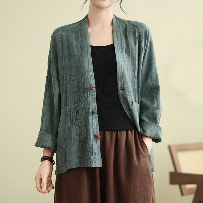 Buddha Stones Plain Long Sleeve Women's Cotton Linen Jacket With Pockets