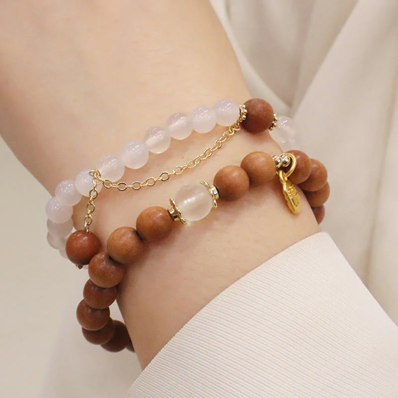 Buddha Stones Sandalwood Cat's Eye Fu Character Charm Protection Bracelet