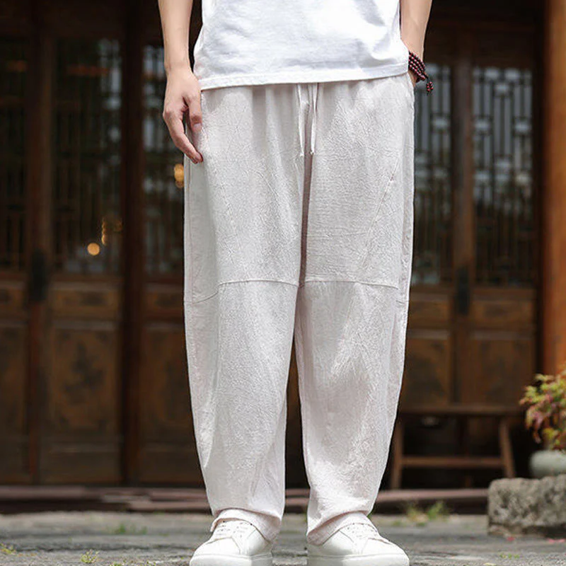 Buddha Stones Solid Drawstring Men's Elastic Waistband Cotton Linen Pants With Pockets