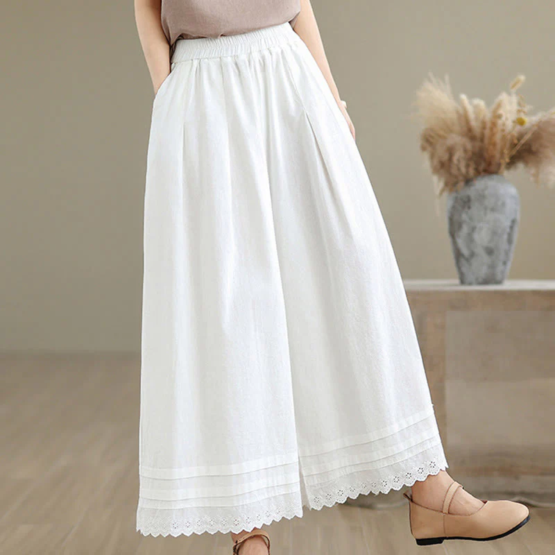 Buddha Stones Commute Simple Lace Design 7-8 Length Women's Wide Leg Cotton Linen Pants With Pockets