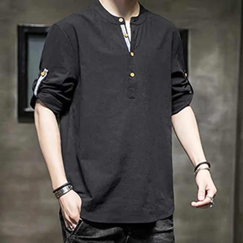 Buddha Stones Summer Solid Men's Half Buttons Half Sleeve Linen Shirt