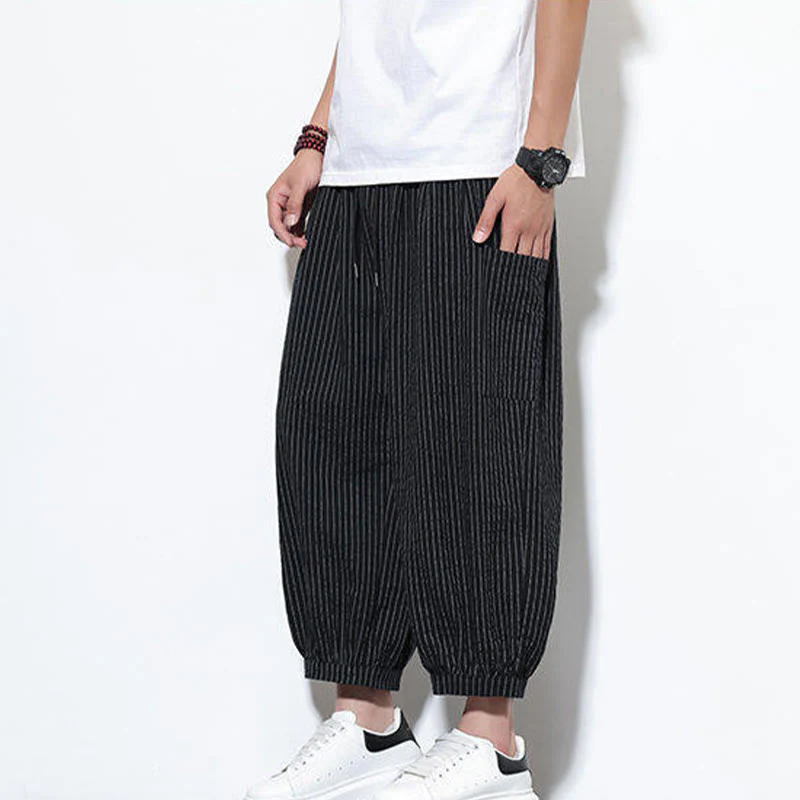 Buddha Stones Casual Striped Men's Cotton 7-8 Length Harem Pants With Pockets