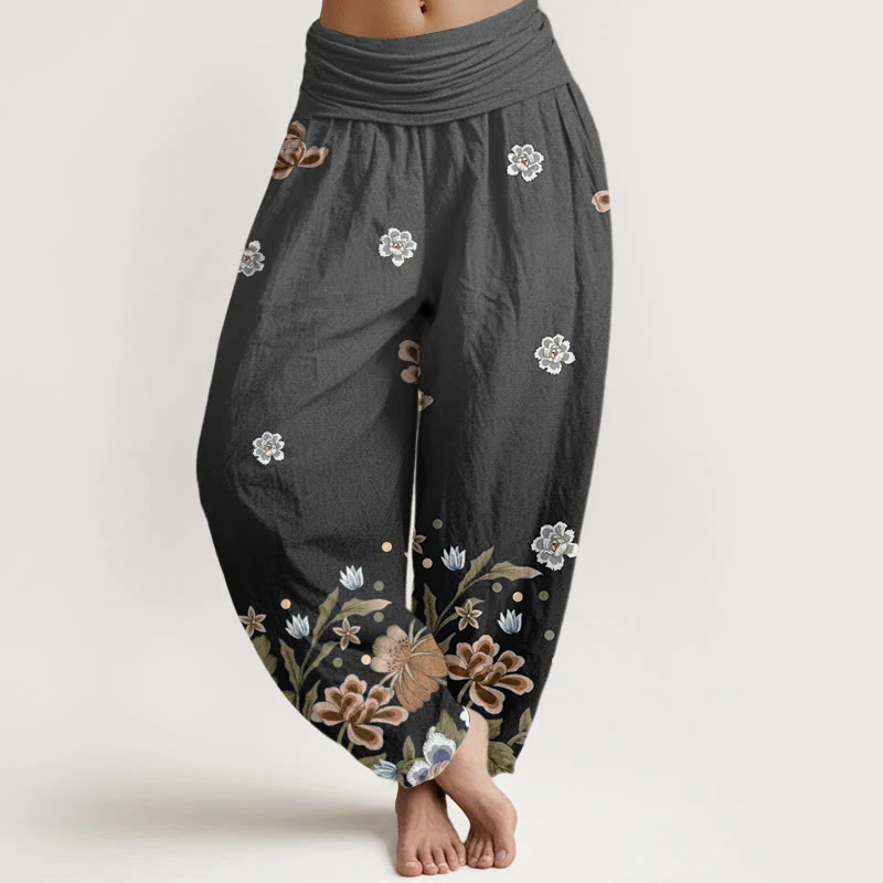 Buddha Stones Casual Blooming Flowers Pattern Women's Elastic Waist Harem Pants